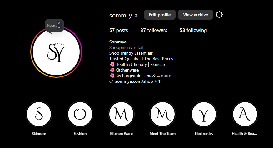 Sommya Store Instagram Profile-a perfect Social media vendors profile